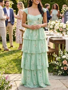Tiered Floral Maxi Dress in Mint Green
